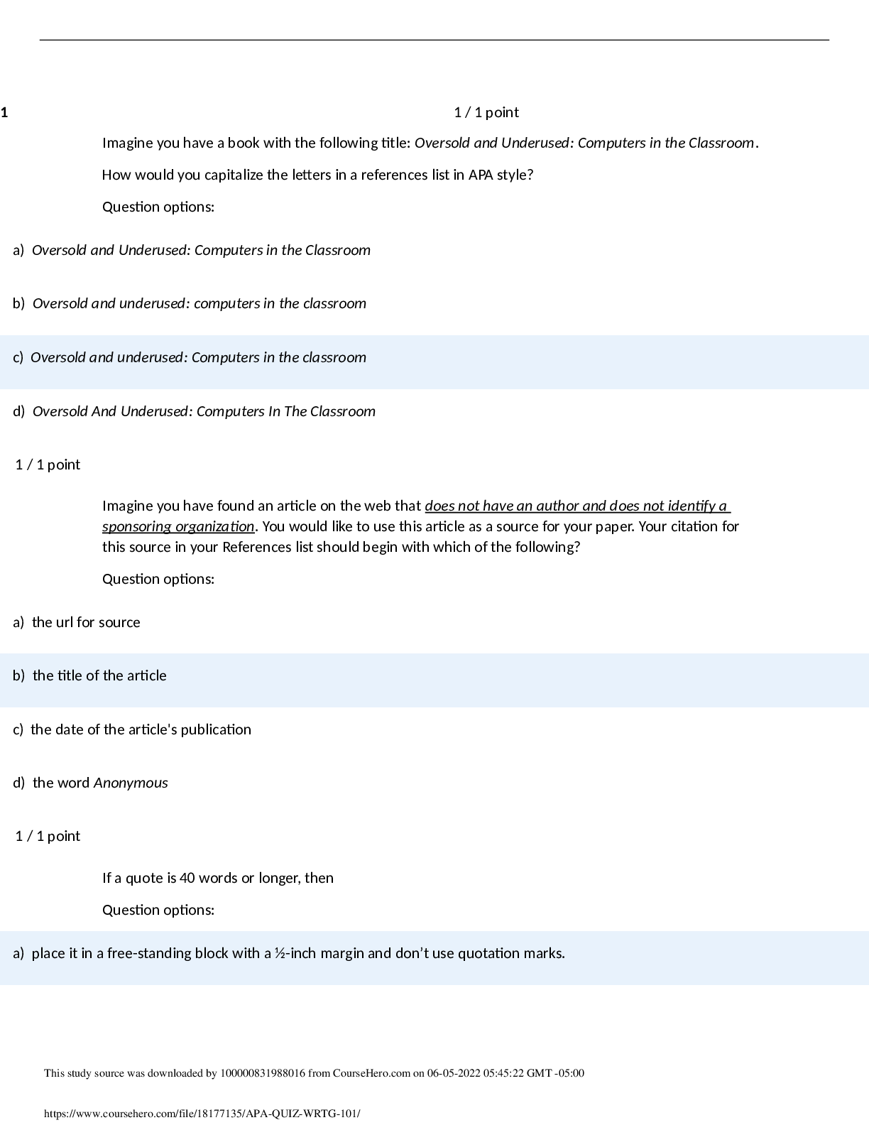 Preview of UMUC WRTG101 APA Quiz latest 2022 Already Passed